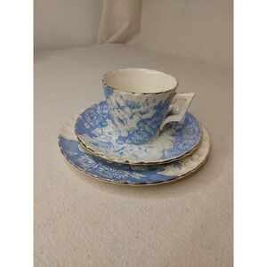 Antique Burgess & Leigh‎ Burslem Cup, Saucer & Plate, 1906-12, Blue Floral Swirl